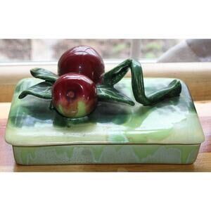 Wade of CA Pottery green drip glaze covered dish with an apple-topped lid